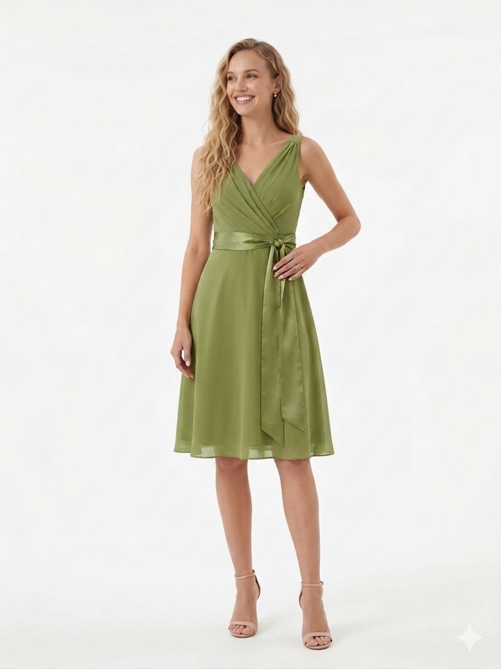 Evan Picone Olive Green Sleeveless Maxi Dress with Satin Waist Tie 8